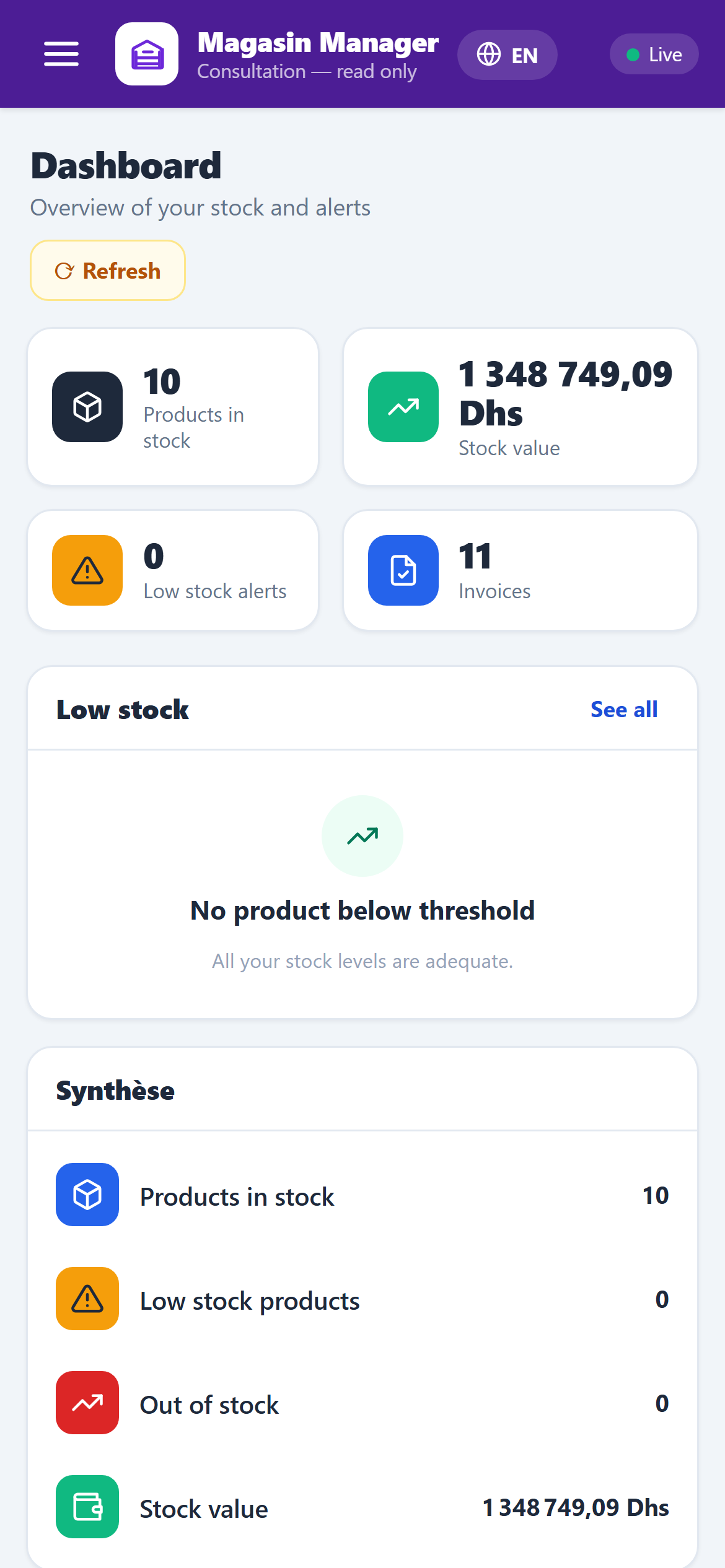Magasin Manager mobile — dashboard